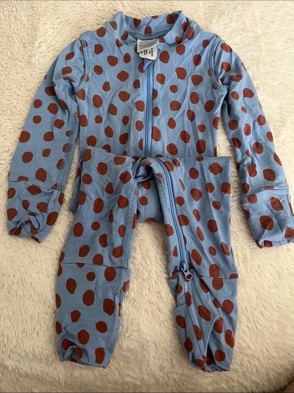 Hanna Andersson Light Blue Footed One-Piece with Brown Polka Dots